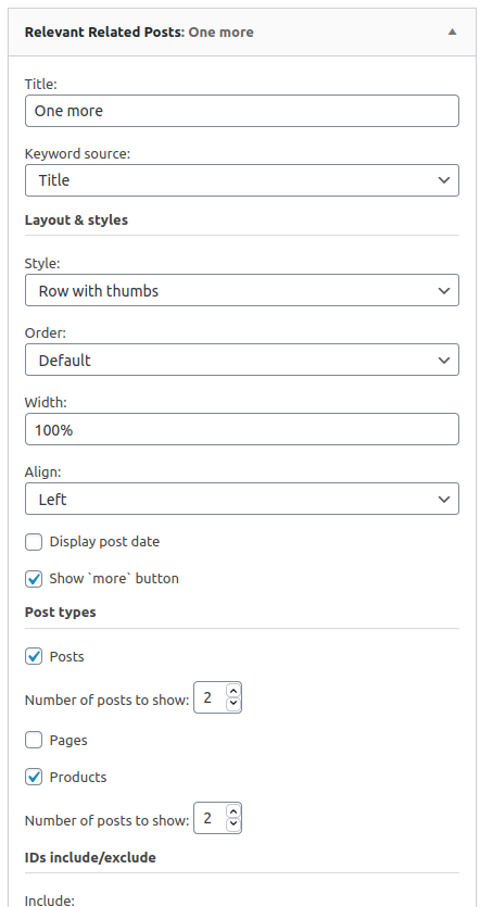 WordPress post and product suggestion widget configuration